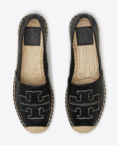 Pre-owned Tory Burch Ines Espadrille Leather Flat Black Silver Shoes, Us 8.5