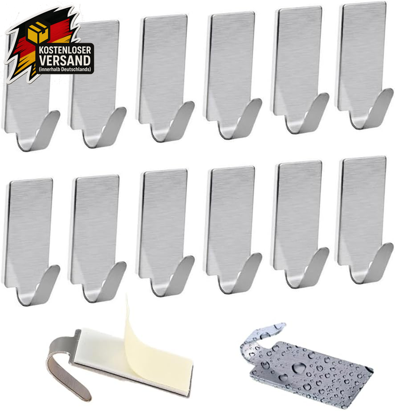 Edelstahl Klebehaken selbstklebend für Bad Küche Wand, 12 Stück, wasserdicht
