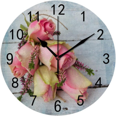 Wall Clock for Living Room Decor Pastel Pink Roses PVC 9.8 Inch Hanging round De