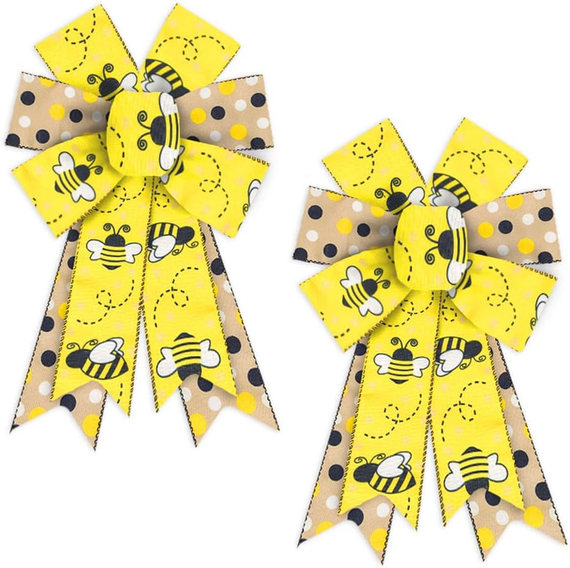 2PCS Bumble Bee Wreath Bows, Black Yellow Bee Bows for Wreath Yellow White Dot W