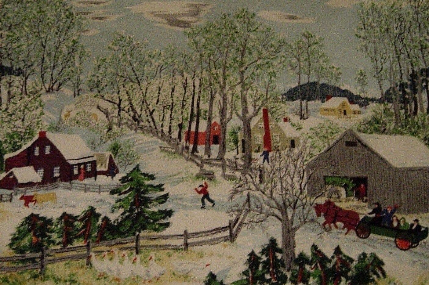 VTG Grandma Moses Fabric FARM BARN SNOW SLEIGH UNUSED 1950s LOOKS LIKE XMAS