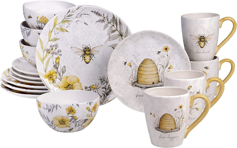 Bee Sweet 16-Piece Dinnerware Set (Service for 4) Grey Multi Color Yellow Floral