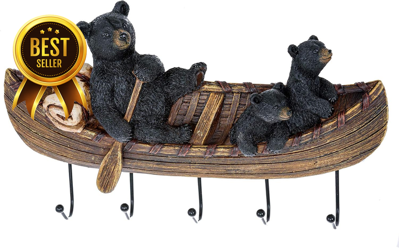 Black Bears In Canoe Key Holder Wall Mount Cabin Coat Hook Decor
