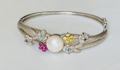 Exquisite 925 Sterling Silver Signed Diamond Ruby Pearl Emerald Bangle Bracelet
