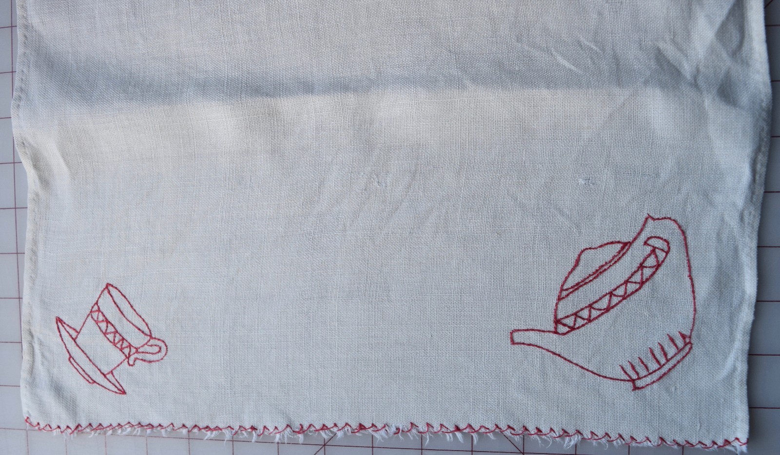 Vintage 1890's linen RedWork table runner, Oriental looking kitchenwares