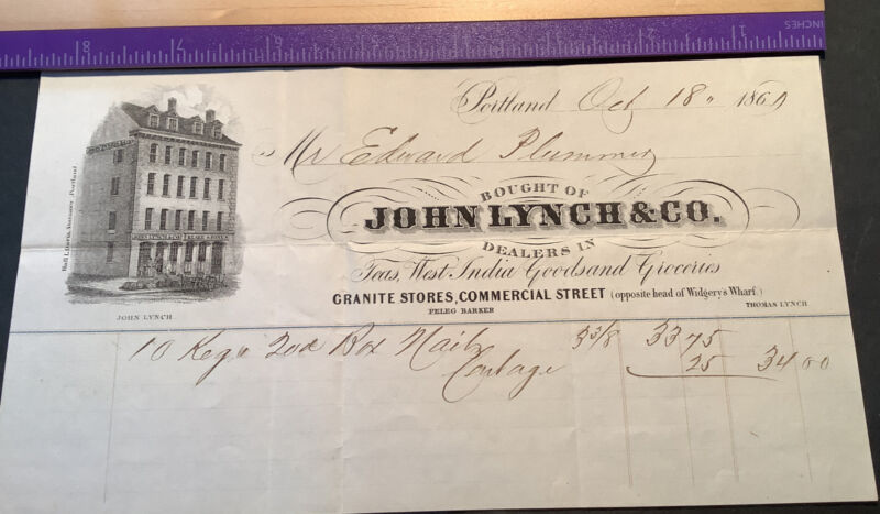 1860s PORTLAND MAINE Billhead Receipt JOHN LYNCH GROCERIES GOODS Widgery’s Wharf