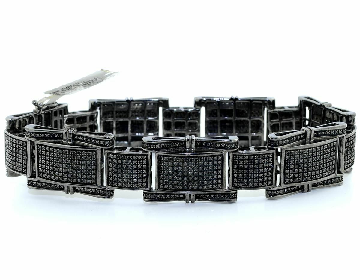 Pre-owned Online0369 3.8ct Black Simulated Diamon Mens Wide Link Bracelet Black Rhodium Plated Silver