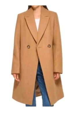 DKNY Fashion Faux Wool Notched Lapel Fully Lined Dress Coat in Camel Women's XL