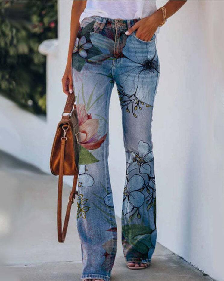 Women's Jeans Casual Wide Leg Pants Autumn Floral Loose Elasticity Trousers New