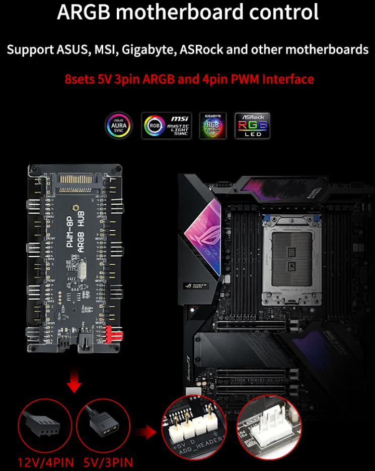 8 RGB / ARGB Strip Fan Controller Hub Splitter for Desktop Computer PC AURA SYNC