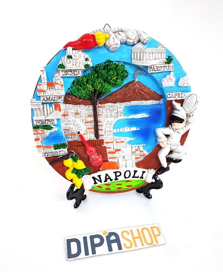 Quadretto Decorativo Con Base Souvenir Napoli 3D Golfo Pizza Pulcinella 18cm moc