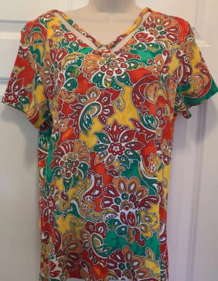 Rafaella Womens Blouse Multicolor Floral Short Sleeve V Neck 100% Cotton L New