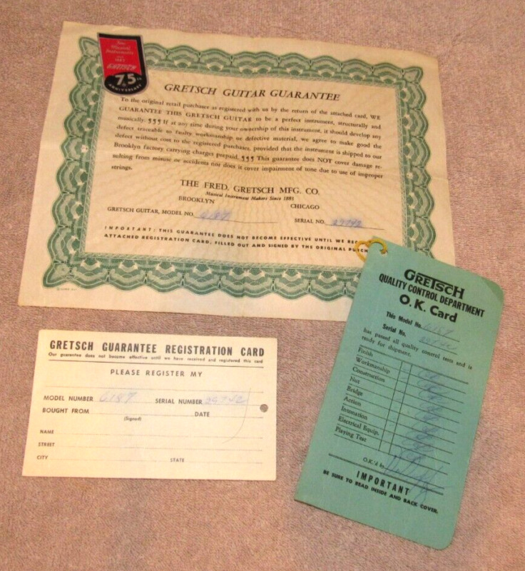 1958 Gretsch Guitar Model #6187 Guarantee Registration & Quality Control Cards