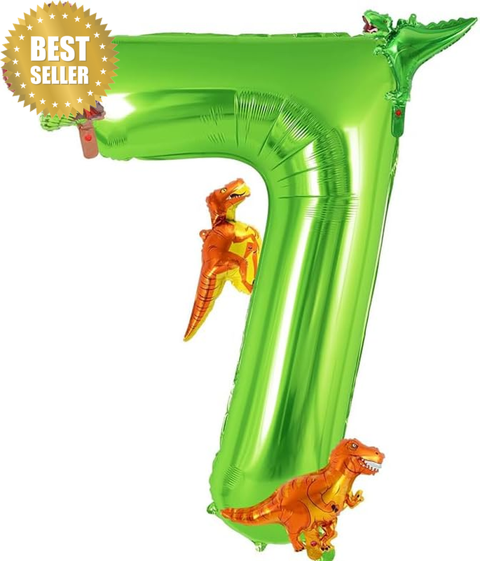 Dinosaur Number 7 Birthday Balloon Green Foil 40 Inch