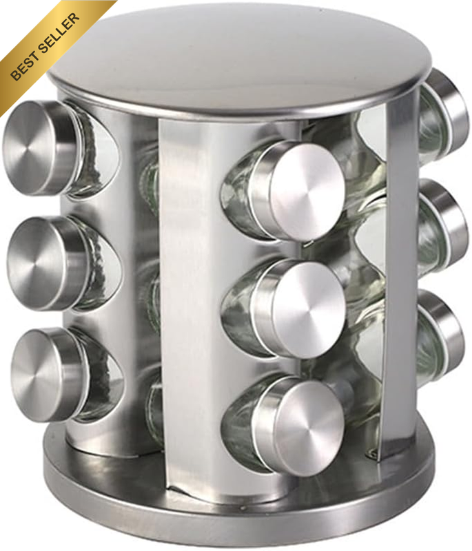 Stainless Steel Rotating Spice Rack Organizer with 12 Glass Jars – 360° Revolvin