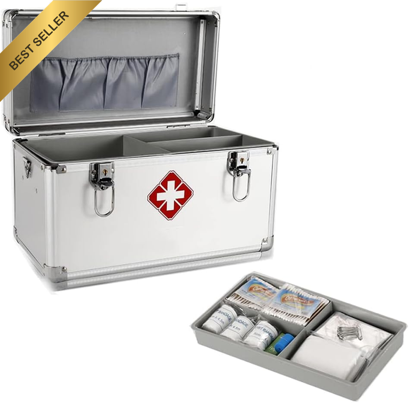 First Aid Box with an Internal 3 Grid Tray, Aluminum Alloy Framed, Portable Home