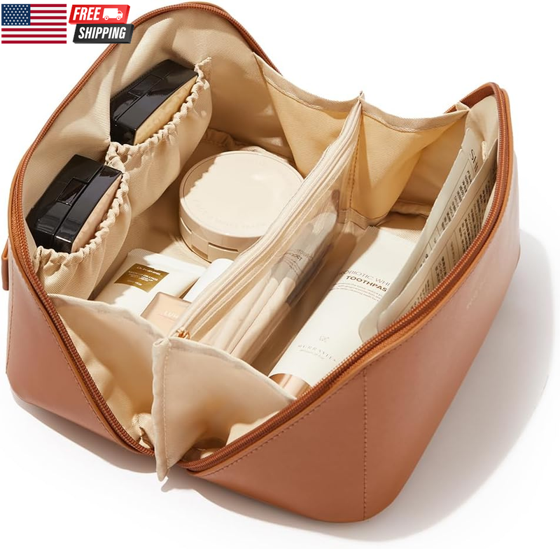Travel Makeup Bag, Large Capacity Cosmetic Bag for Women, Waterproof PU Leather, Flat Open Portable Toiletry Bag for Skincare, Brushes & Travel Essentials