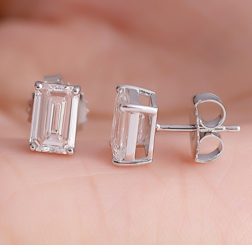 2 Ct Emerald Cut Lab Grown Diamond GIA Authentic Solitaire Stud Earrings 14K WG