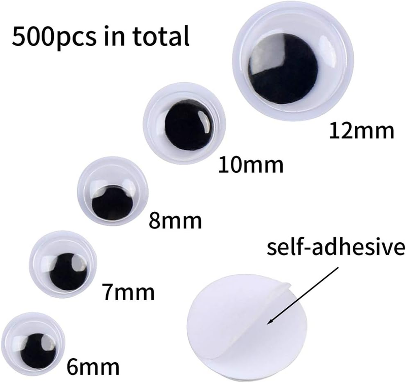 500 Pieces 6mm -12mm Black Wiggle Googly Eyes with Self-Adhesive Backs for DIY C