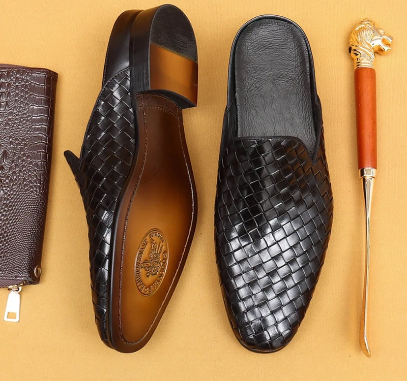 Mens Slippers Genuine Leather Sandals Slip on Flats Mules Shoes Half Slipper