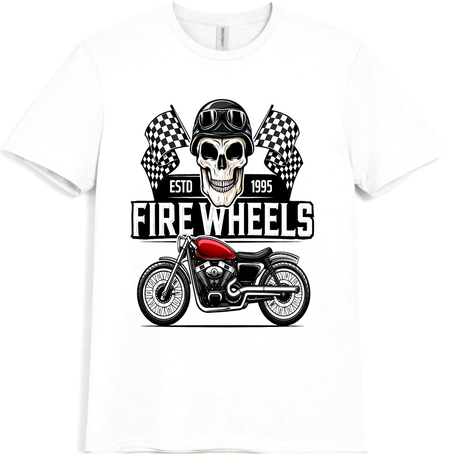Fire Wheels Motorcycle Skull Helmet Racing Chequered Flags Biker Graphic T-Shirt
