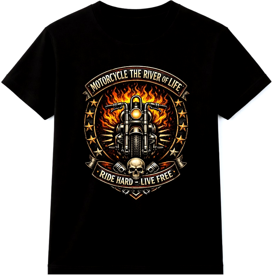 Ride Hard Live Free Motorcycle Flaming Bike Skull Emblem Vintage Graphic T-Shirt