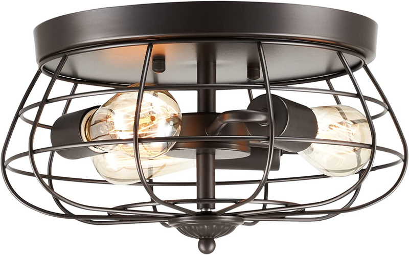 Ceiling Light with Vintage Metal Cage, 3 Bulb Flush Mount Light Fixture for Farm