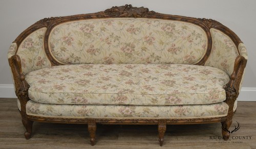 French Louis XV Style Antique Fine Swan Carved Walnut Frame Sofa