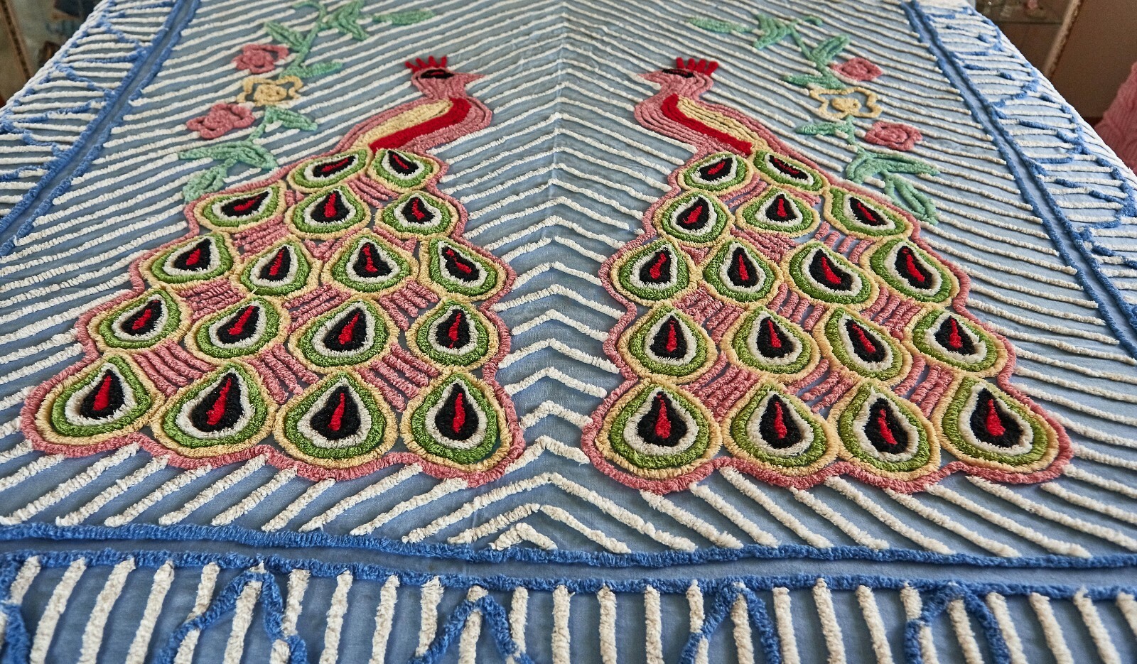 MIDCENTURY  DOUBLE PEACOCKS CUTTER  OR CRAFTS BLUE CHENILLE BEDSPREAD