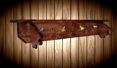 Wood Fish Pole Shelf Coat Hat Rack Rod Holder Home Cabin Fishing Decor Gift