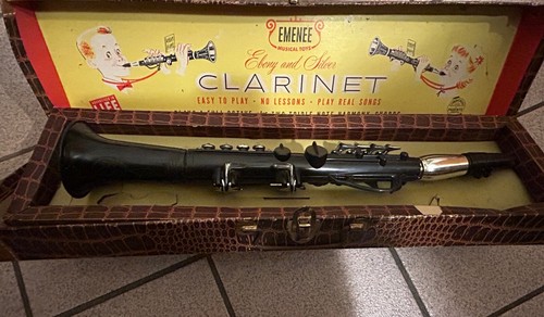 Vintage Ebony & Silver Clarinet Emenee Industry Musical Toys In Original Box