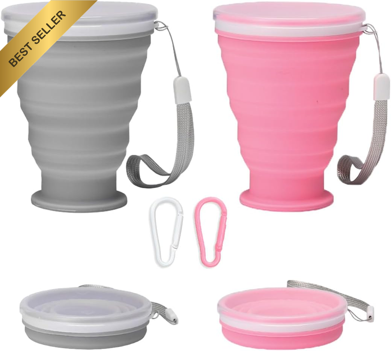 2Pcs Silicone Foldable Cups, 300Ml Collapsible Camping Cups, BPA Free Portable F