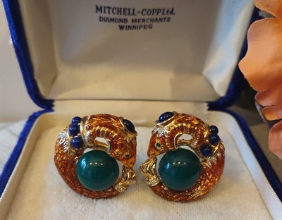 Vintage Earrings Signed CRAFT Enamel Cabochon Rams Head Gold tone Clip On Rare