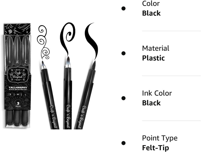 Calligraphy Brush Pens Pack of 3 Small, Medium and Large Markers for Hand Letter