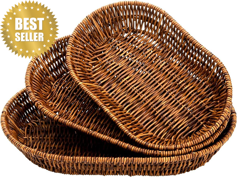 3Pcs Plastic Wicker Woven Bread Baskets, Tabletop Food Serving Baskets Trays, Ha
