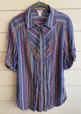 Intro Women striped Short Sleeve Blouse size large primary colors