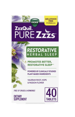 VICKS Zzzquil Pure Zzzs Restorative Herbal Sleep Melatonin Free 40tabs Exp 12/23