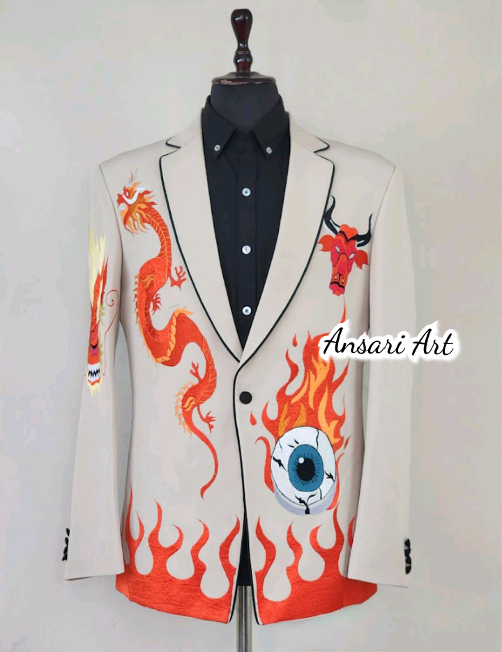 Pre-owned Art Men's Light Brown 2pc Bespoke Western Suit Dragon $ Fire Flames Embroidered