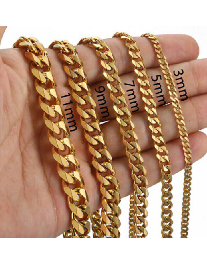 18k Gold Plated Necklace Cuban Curb Chain 6-34" inch Men women  3-11mm