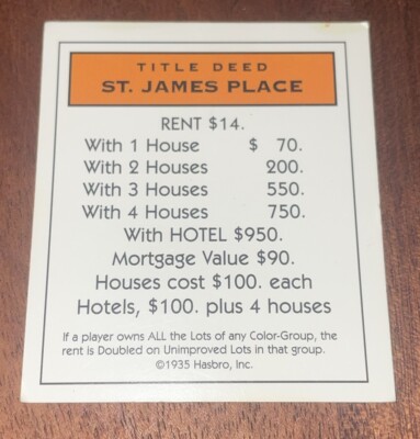 1998 Monopoly Deluxe Edition Game St. James Place Deed Card Replacement Piece