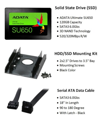 ADATA Ultimate 2.5'' 120GB SATA SSD / SSD Mounting Kit / SATA3 Data Cable Combo