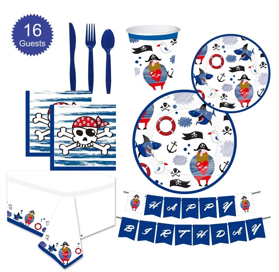 Pirate Birthday Party Supplies with Forks, Knives, Table Cloth, Napkins, Plates