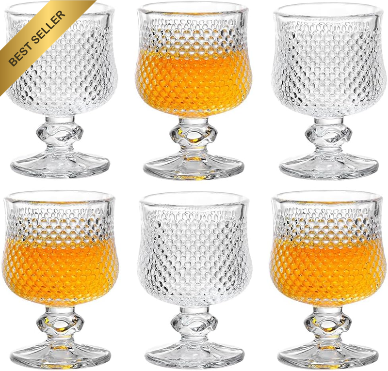 Shot Glasses Set of 6, Vintage Stemmed Champagne Glasses, with Crystal Embossed,