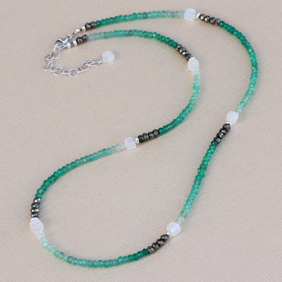 U&C Sundance Green Onyx, Moonstone Cubes, Pyrite Sterling Silver Dainty Necklace