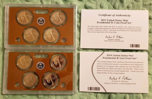 2013 & 2014 Proof Presidential Dollar Mint Sets with Boxes and COA #198