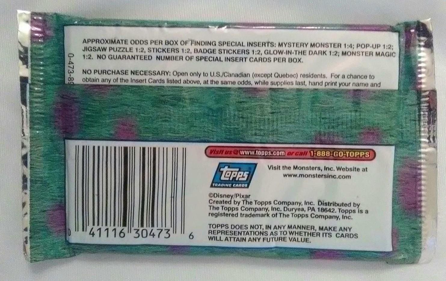 Disney Pixar Monster Inc 8 Trading Cards New in the pack                       D