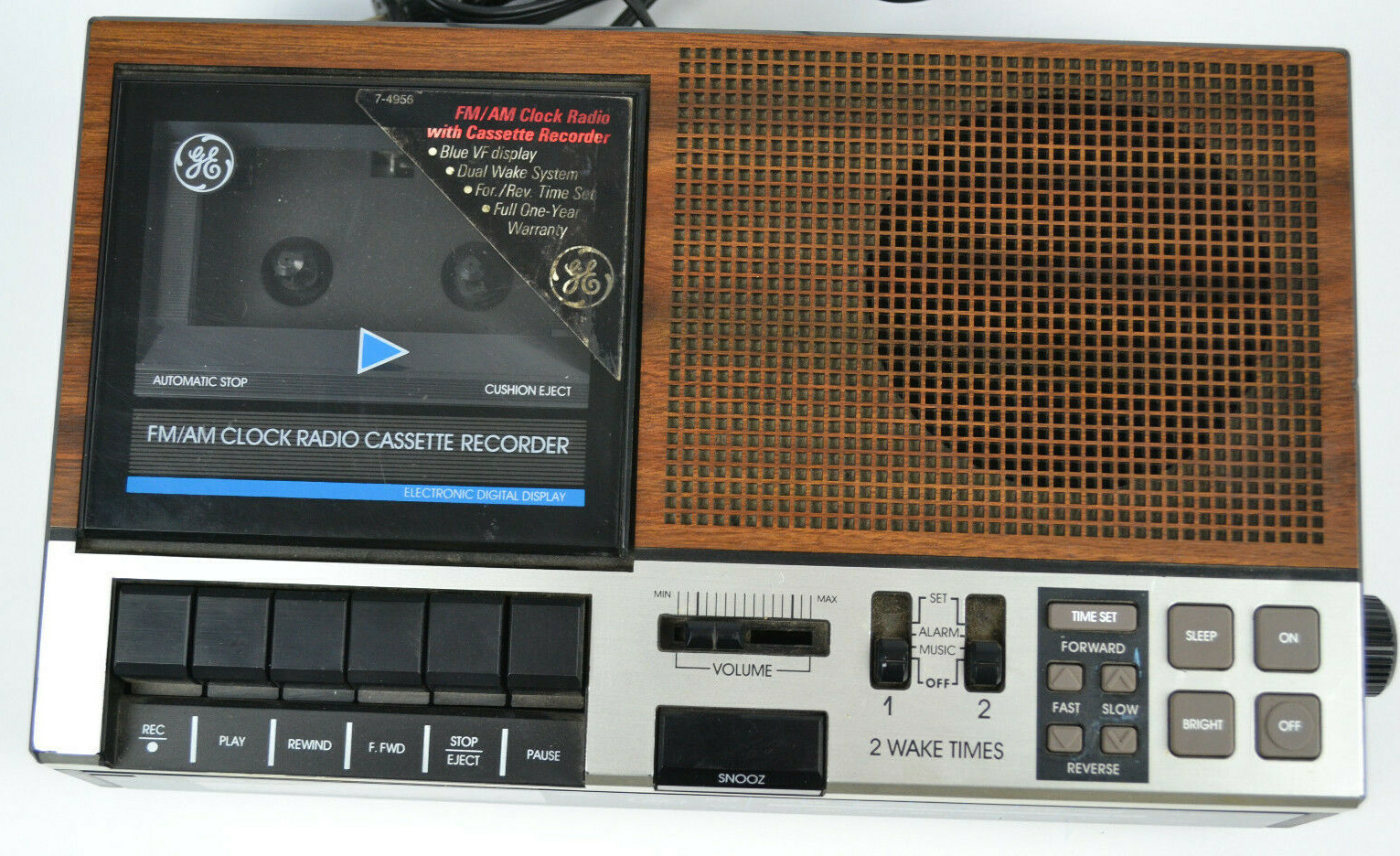 Vintage GE General Electric 7-4956B AM-FM Cassette tape Player Alarm Clock Radio