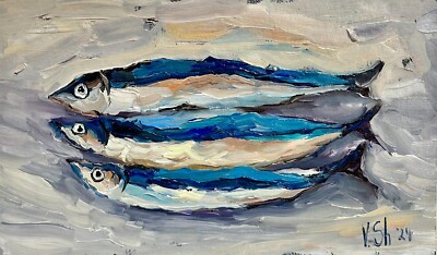 Sardine Original Oil Painting Fish Seafood Art Sardine Still life Kitchen Signed