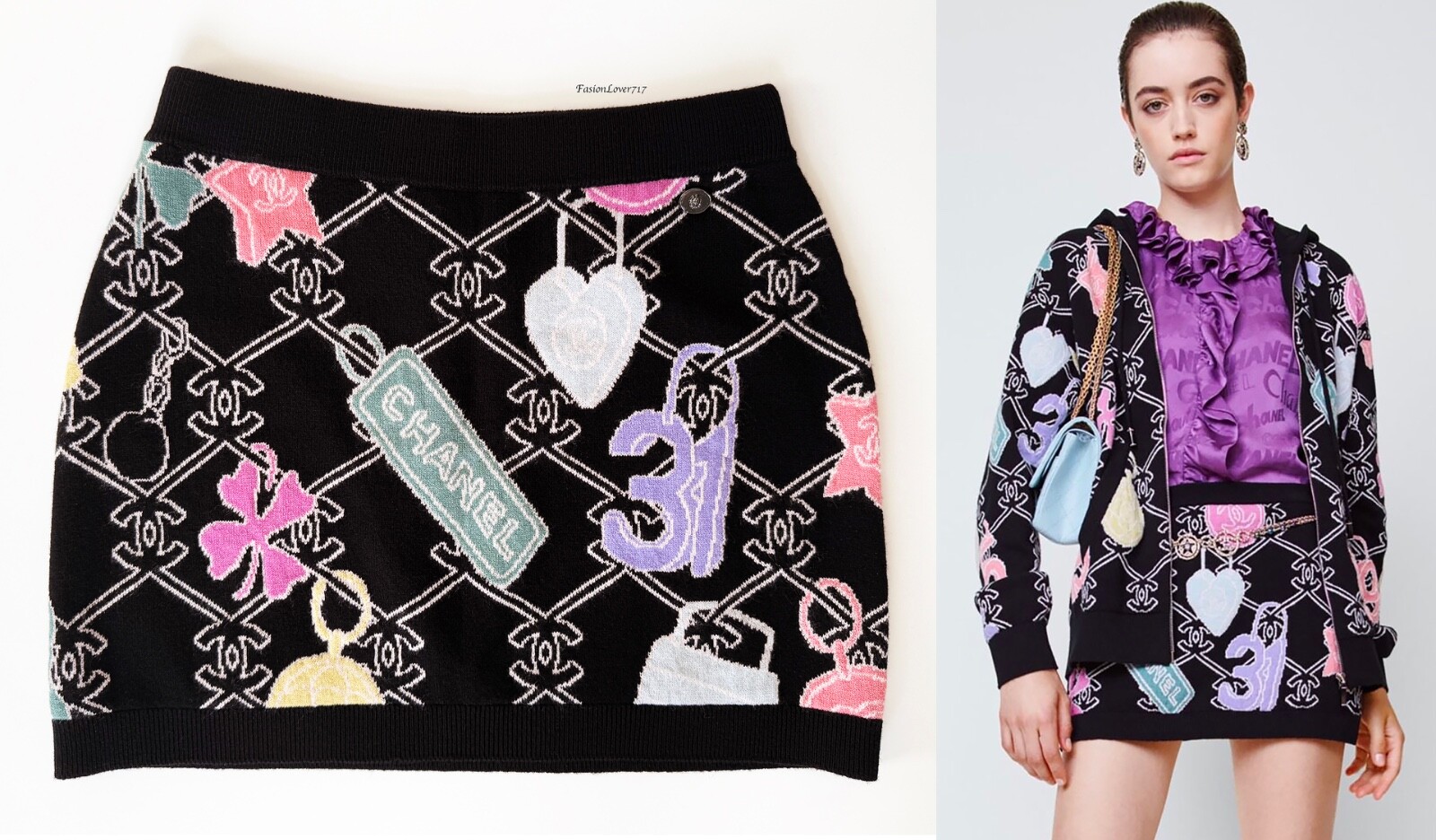 NEW CHANEL 22P CC LOGO CASHMERE BLACK MULTICOLOR MINI SKIRT