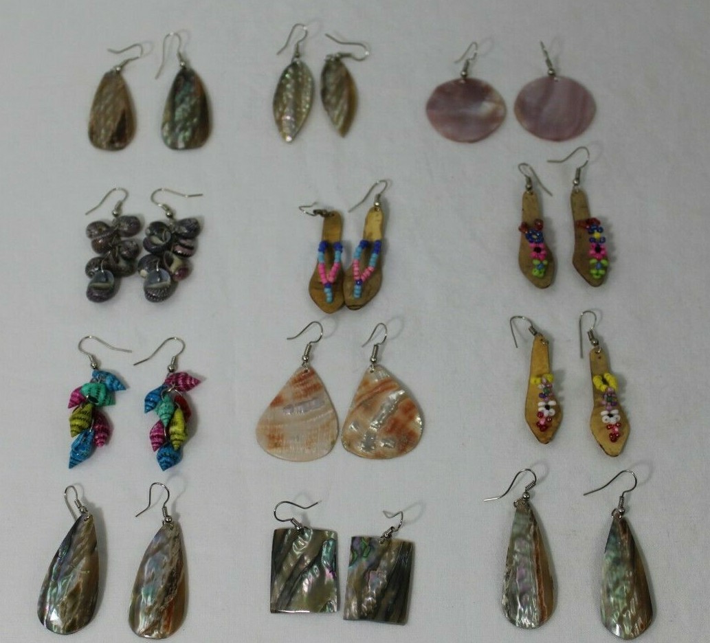 12 Pairs Handmade Mexico Earrings Abalone Coca Nut Sea Shells Puerto Vallarta